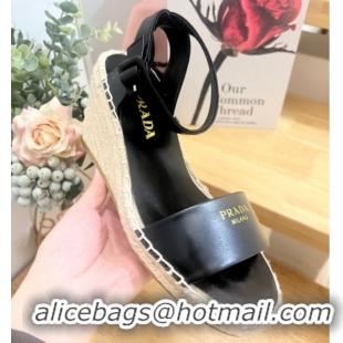 Popular Style Prada Leather Wedge Espadrille Sandals 8cm Black 2025 PR060306