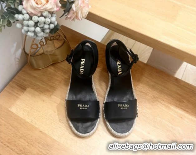 Popular Style Prada Leather Wedge Espadrille Sandals 8cm Black 2025 PR060306