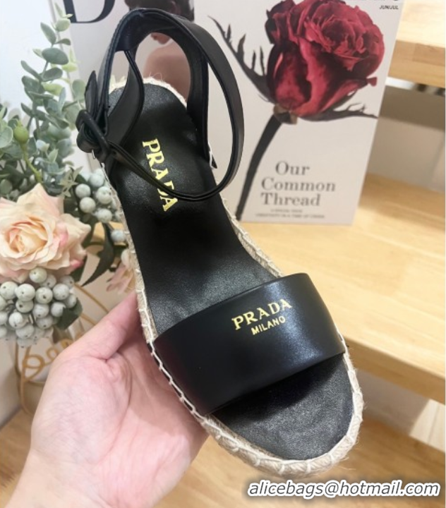 Popular Style Prada Leather Wedge Espadrille Sandals 8cm Black 2025 PR060306