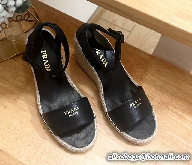 Popular Style Prada Leather Wedge Espadrille Sandals 8cm Black 2025 PR060306