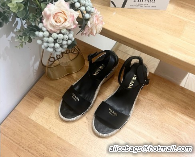 Popular Style Prada Leather Wedge Espadrille Sandals 8cm Black 2025 PR060306