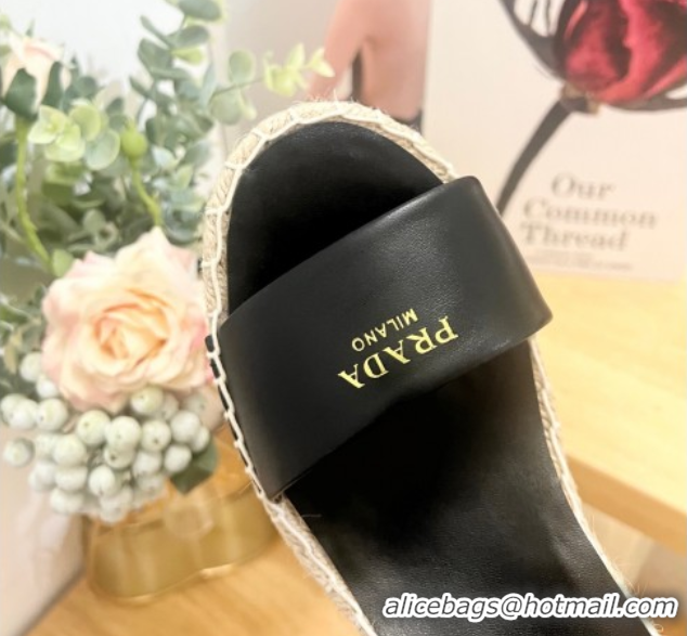 Popular Style Prada Leather Wedge Espadrille Sandals 8cm Black 2025 PR060306