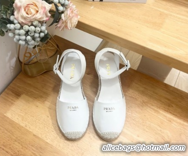 Pretty Style Prada Leather Wedge Espadrille Pumps 8cm White 2025 PR060306