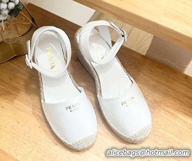 Pretty Style Prada Leather Wedge Espadrille Pumps 8cm White 2025 PR060306