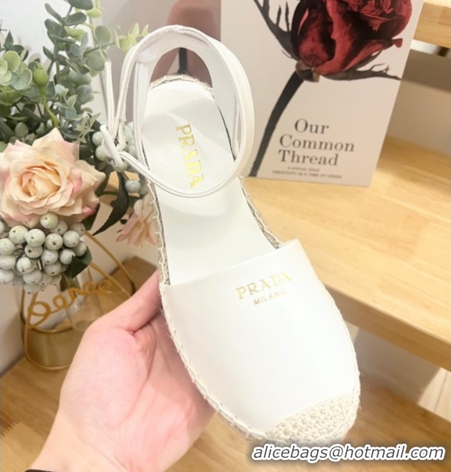 Pretty Style Prada Leather Wedge Espadrille Pumps 8cm White 2025 PR060306