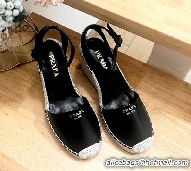Best Price Prada Leather Wedge Espadrille Pumps 8cm Black 2025 PR060306