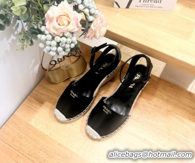 Best Price Prada Leather Wedge Espadrille Pumps 8cm Black 2025 PR060306