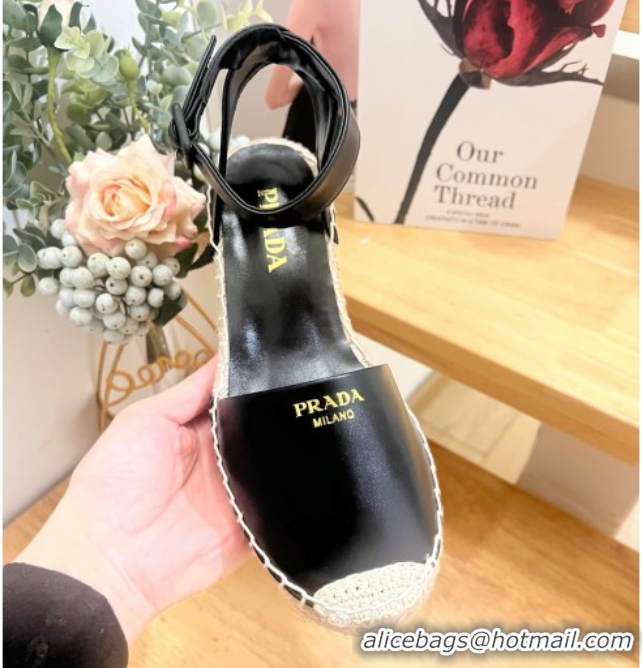 Best Price Prada Leather Wedge Espadrille Pumps 8cm Black 2025 PR060306