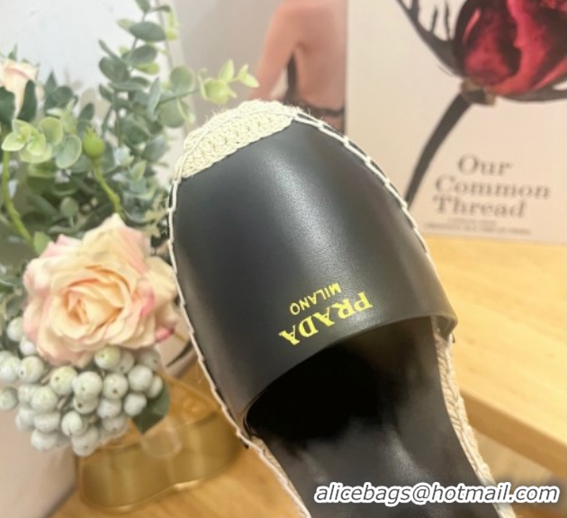 Best Price Prada Leather Wedge Espadrille Pumps 8cm Black 2025 PR060306