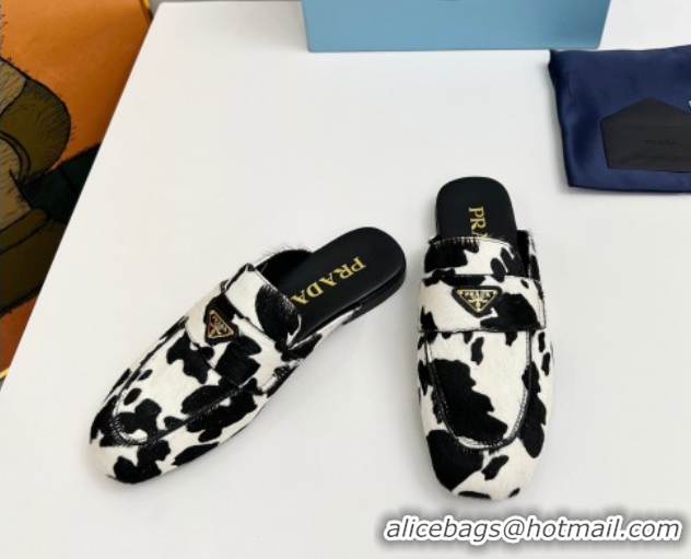 Best Product Prada Printed mohair flat mules White/Black 2025 PR060307