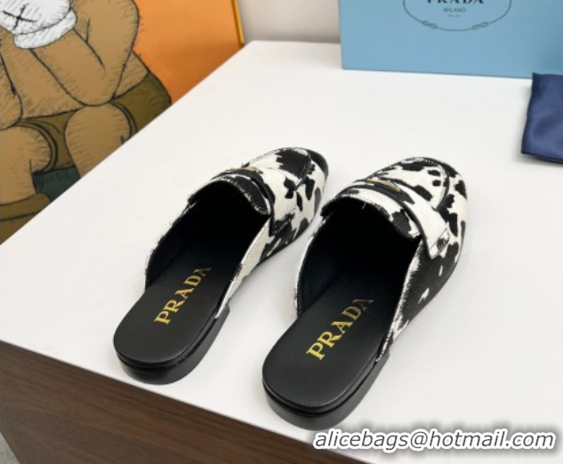 Best Product Prada Printed mohair flat mules White/Black 2025 PR060307