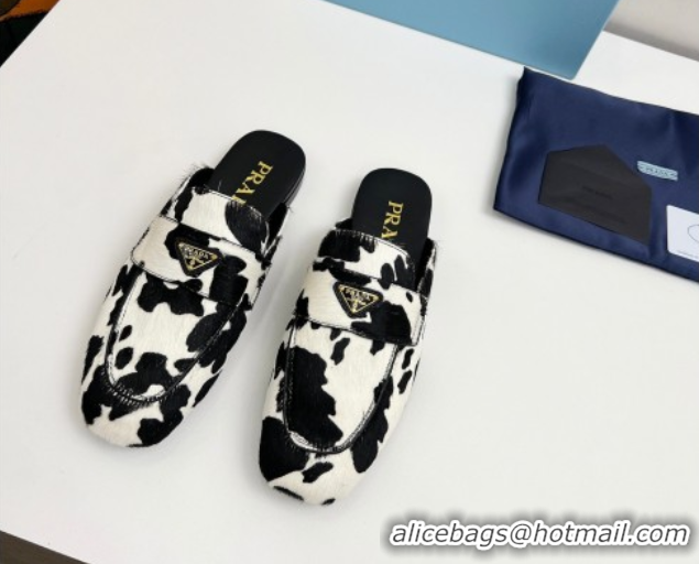 Best Product Prada Printed mohair flat mules White/Black 2025 PR060307