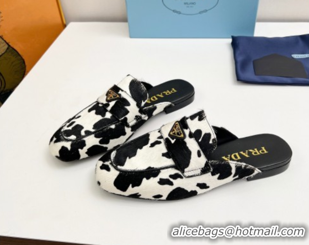 Best Product Prada Printed mohair flat mules White/Black 2025 PR060307