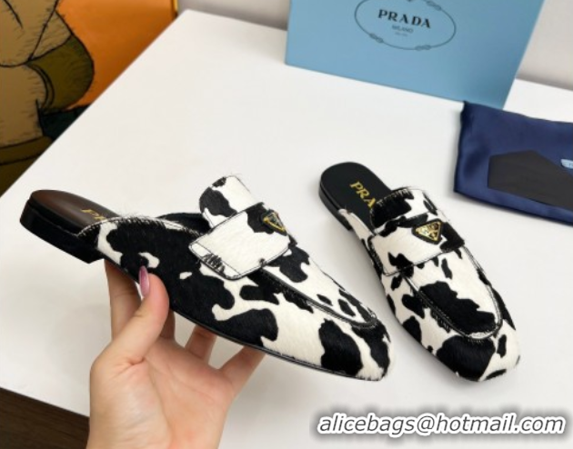 Best Product Prada Printed mohair flat mules White/Black 2025 PR060307