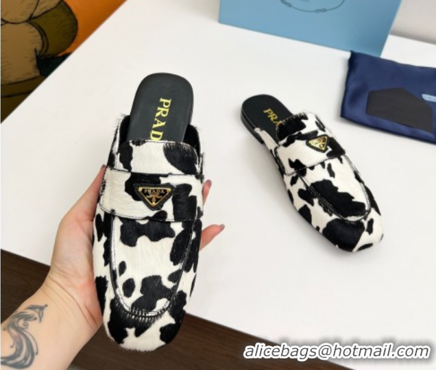 Best Product Prada Printed mohair flat mules White/Black 2025 PR060307