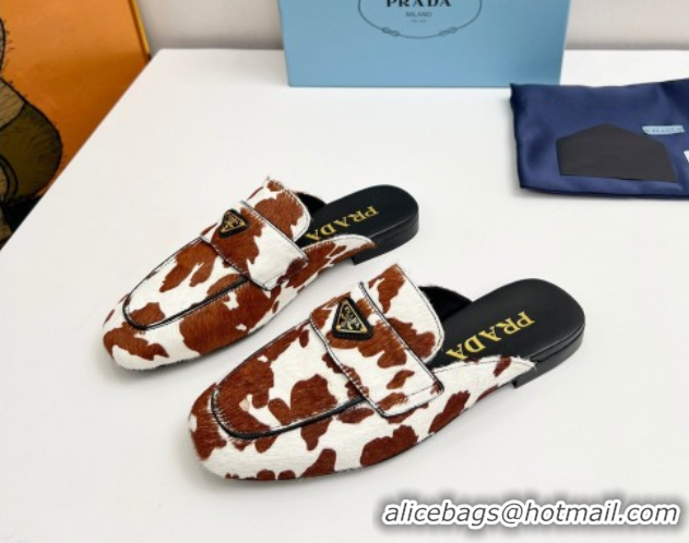 Purchase Prada Printed mohair flat mules White/Brown 2025 PR060307