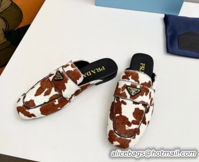 Purchase Prada Printed mohair flat mules White/Brown 2025 PR060307