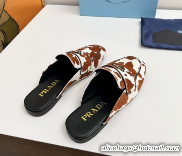 Purchase Prada Printed mohair flat mules White/Brown 2025 PR060307