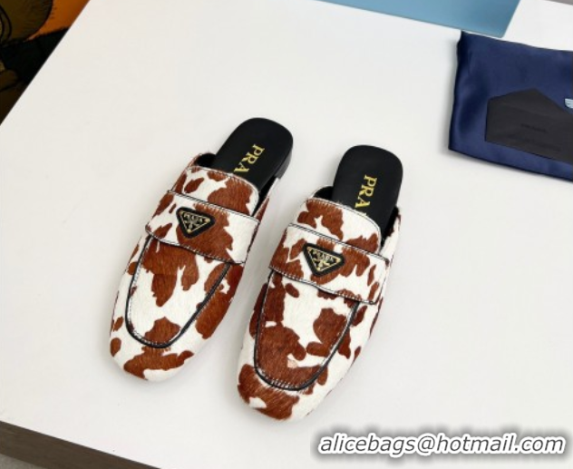 Purchase Prada Printed mohair flat mules White/Brown 2025 PR060307