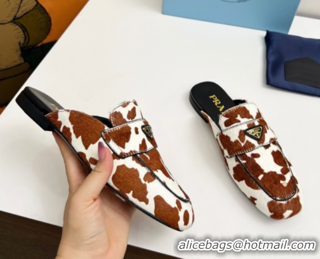 Purchase Prada Printed mohair flat mules White/Brown 2025 PR060307