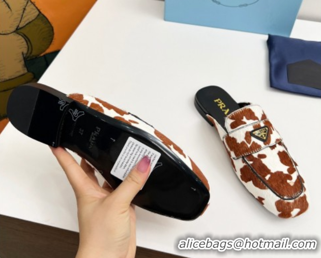 Purchase Prada Printed mohair flat mules White/Brown 2025 PR060307