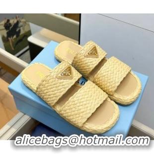 Top Design Prada Raffia straw flat slides sandal Beige Yellow 2025 1XX749
