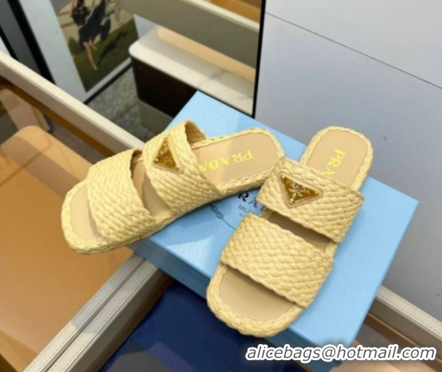 Top Design Prada Raffia straw flat slides sandal Beige Yellow 2025 1XX749