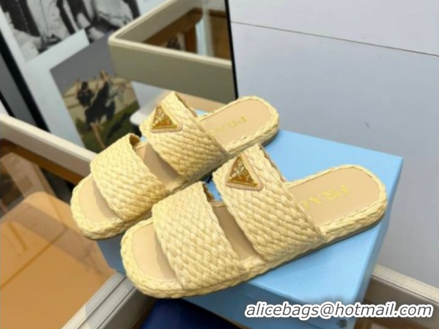 Top Design Prada Raffia straw flat slides sandal Beige Yellow 2025 1XX749