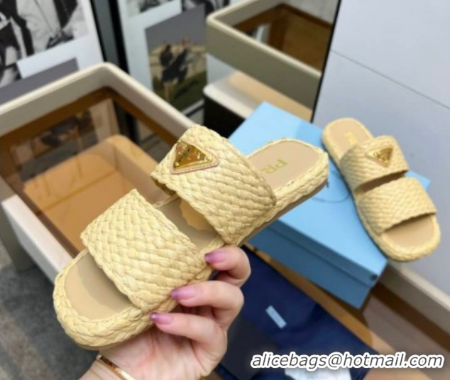 Top Design Prada Raffia straw flat slides sandal Beige Yellow 2025 1XX749
