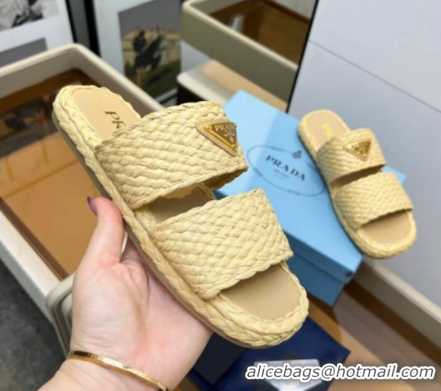 Top Design Prada Raffia straw flat slides sandal Beige Yellow 2025 1XX749