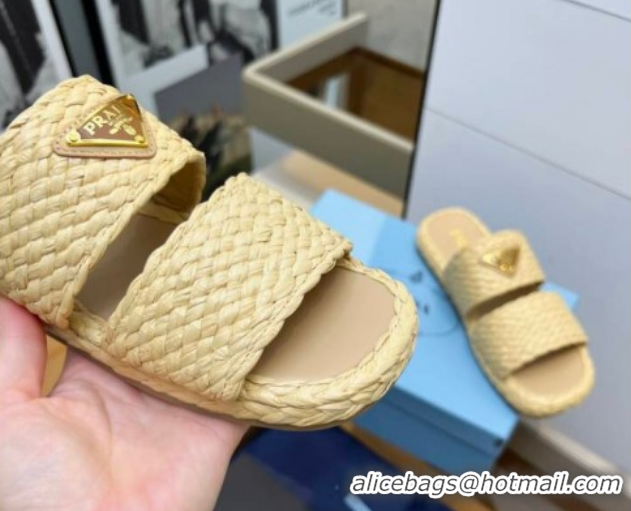 Top Design Prada Raffia straw flat slides sandal Beige Yellow 2025 1XX749