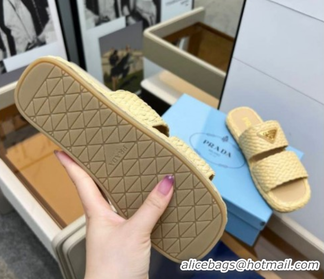 Top Design Prada Raffia straw flat slides sandal Beige Yellow 2025 1XX749