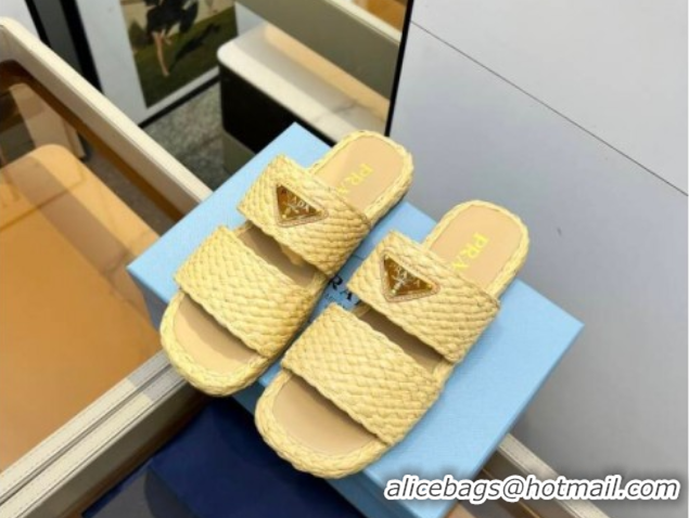 Top Design Prada Raffia straw flat slides sandal Beige Yellow 2025 1XX749