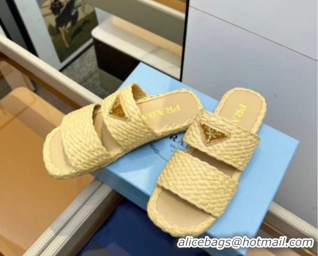 Top Design Prada Raffia straw flat slides sandal Beige Yellow 2025 1XX749