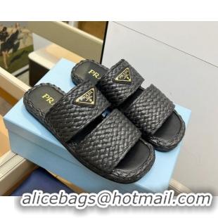 Good Product Prada Raffia straw flat slides sandal Black 2025 1XX749