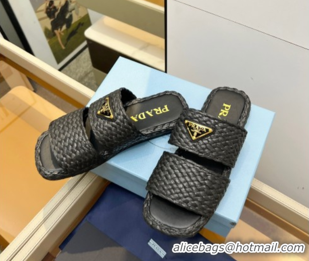 Good Product Prada Raffia straw flat slides sandal Black 2025 1XX749