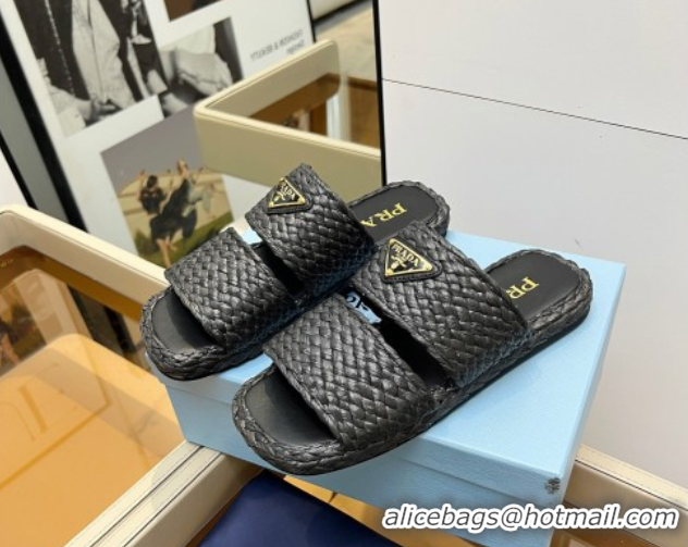 Good Product Prada Raffia straw flat slides sandal Black 2025 1XX749