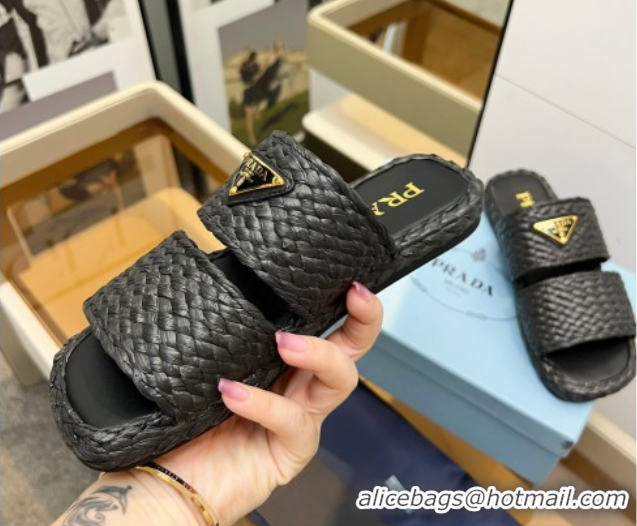 Good Product Prada Raffia straw flat slides sandal Black 2025 1XX749