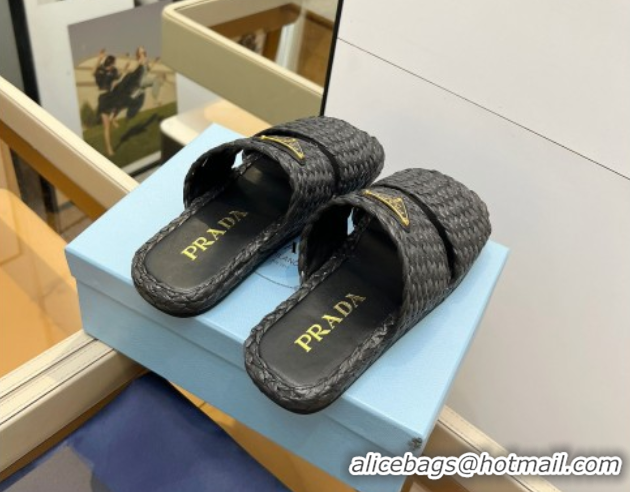 Good Product Prada Raffia straw flat slides sandal Black 2025 1XX749