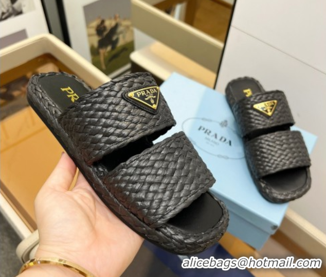 Good Product Prada Raffia straw flat slides sandal Black 2025 1XX749