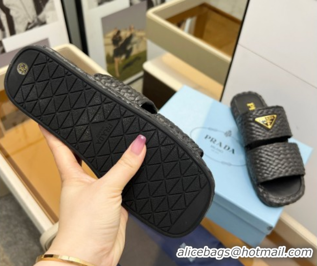 Good Product Prada Raffia straw flat slides sandal Black 2025 1XX749