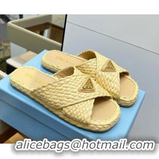 Trendy Design Prada Raffia straw crisscross flat slides sandal Beige Yellow 2025 1XX750
