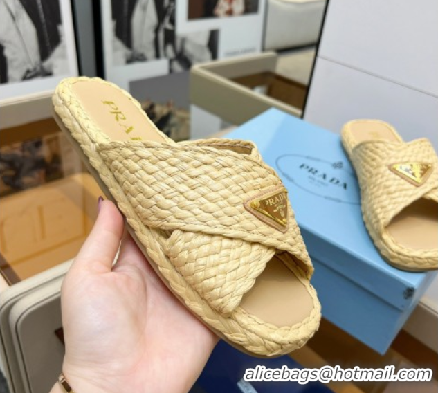 Trendy Design Prada Raffia straw crisscross flat slides sandal Beige Yellow 2025 1XX750