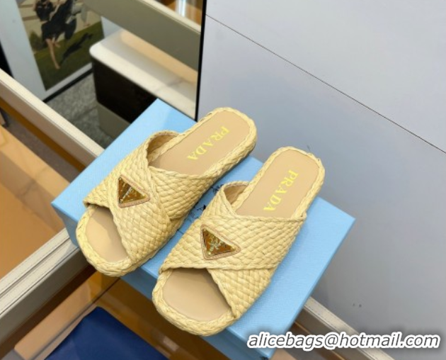 Trendy Design Prada Raffia straw crisscross flat slides sandal Beige Yellow 2025 1XX750