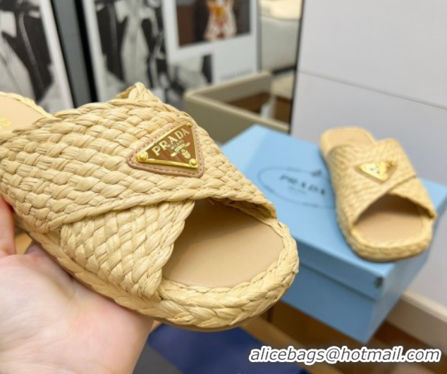 Trendy Design Prada Raffia straw crisscross flat slides sandal Beige Yellow 2025 1XX750