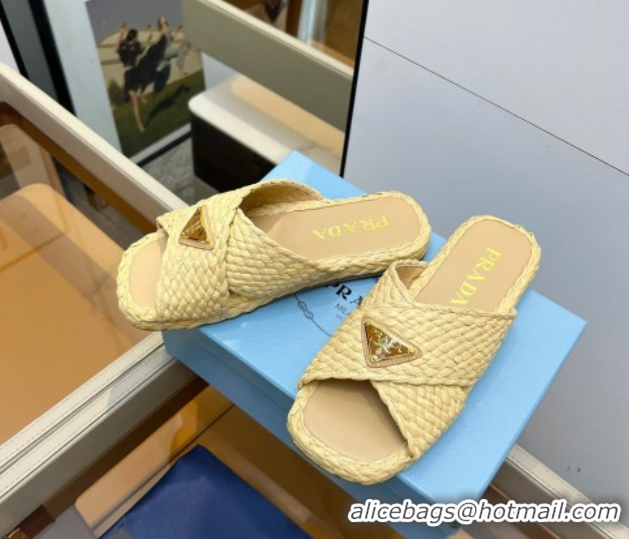 Trendy Design Prada Raffia straw crisscross flat slides sandal Beige Yellow 2025 1XX750
