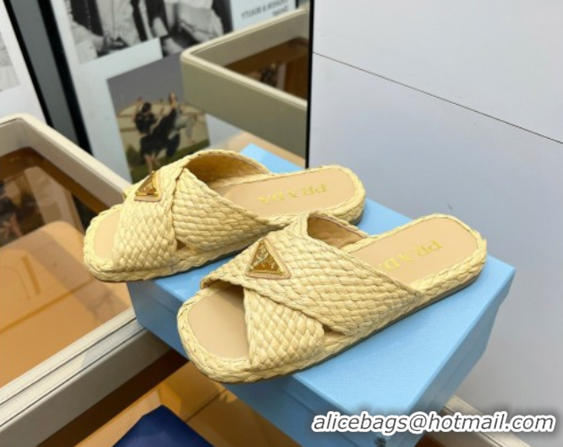 Trendy Design Prada Raffia straw crisscross flat slides sandal Beige Yellow 2025 1XX750