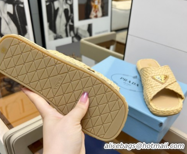 Trendy Design Prada Raffia straw crisscross flat slides sandal Beige Yellow 2025 1XX750