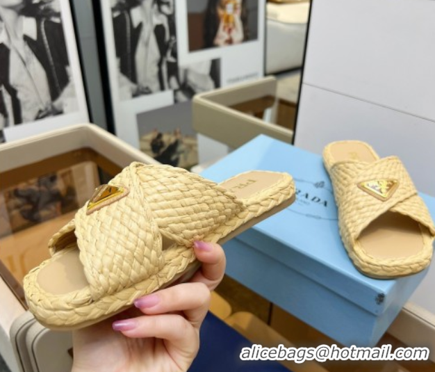 Trendy Design Prada Raffia straw crisscross flat slides sandal Beige Yellow 2025 1XX750