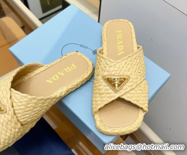 Trendy Design Prada Raffia straw crisscross flat slides sandal Beige Yellow 2025 1XX750